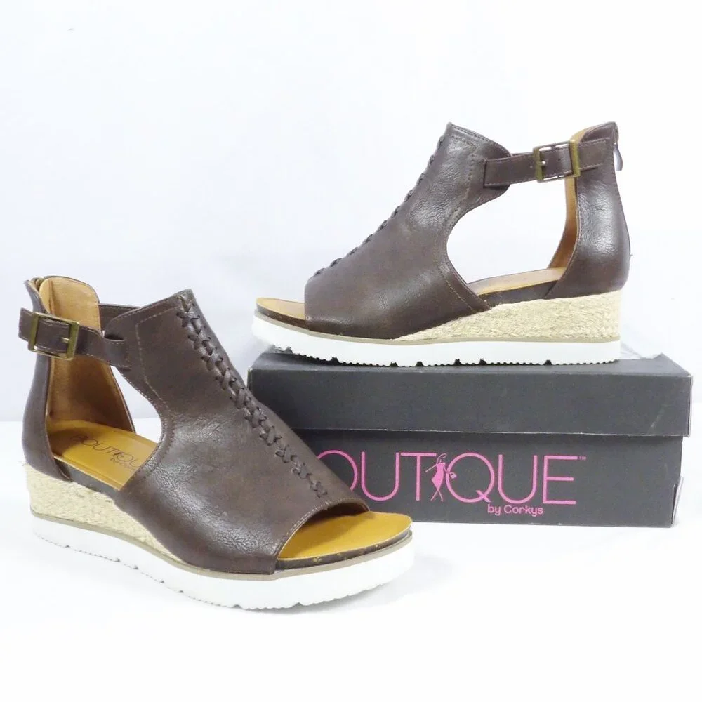 Corkys SUGAR CITY Espadrille Low Wedge Sandals Dark Brown NIB Open Toe Size 10 - Picture 2 of 15